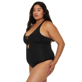BECCA ETC. Color Code - Women's Plus Size One Piece Swimsuit, Plunge Neck, Bathing Suits for Women, Black, 1X