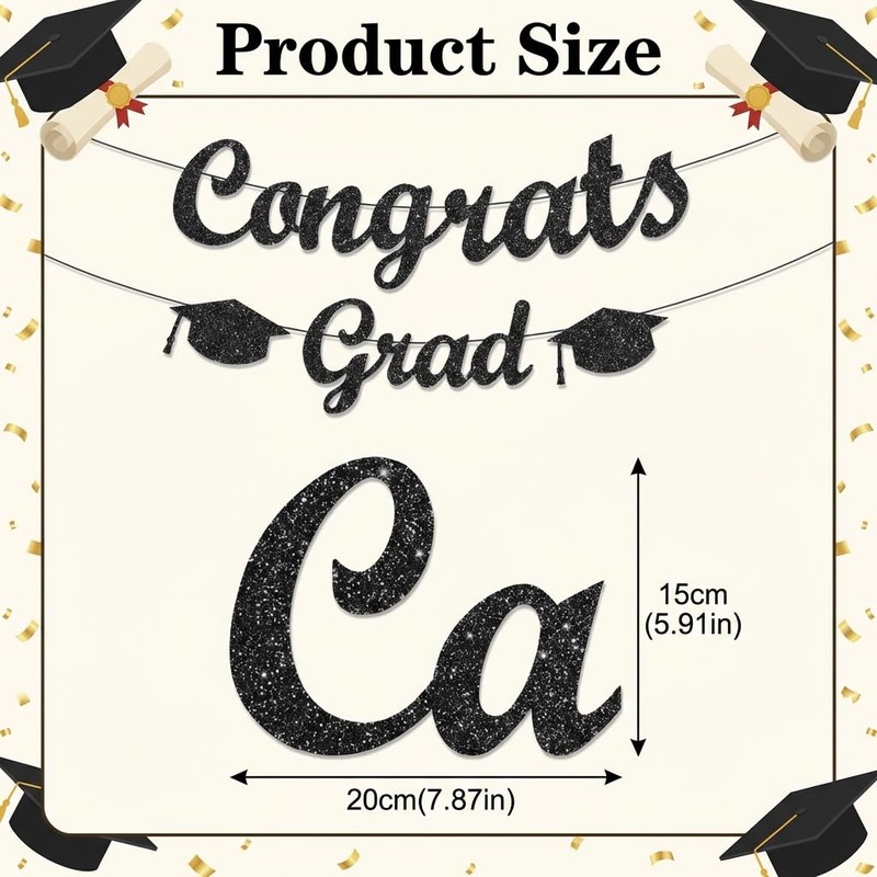 Pre-Strung Black and Gold Glitter Congrats Grad Banner Class of