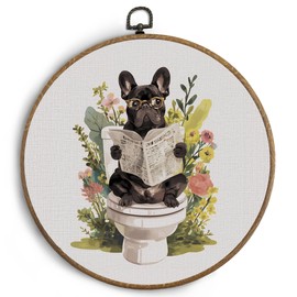 KTYHD Funny French Bulldog Bathroom Round Wall Art, Funny French Bulldog Read Newspaper on Toilet Floral Canvas Wall Art, Frenchie Dog Wall Decor for Bathroom Restroom Washroom