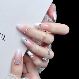 Handmade Press On Nails impress French Fake Nails Medium Square Coffin 3D White and Pink Crystal Manicure False press ons Nail Artificial (S size)