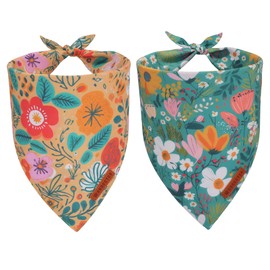 ADOGGYGO Floral Dog Bandana, Orange Green Flower Dog Scarf, Adjustable Fit Dog Floral Bandanas for Large and Extra Large Dogs Pets (X-Large)