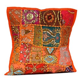 Amazingindiaonline An Ethnic Embroidery Sequin Patchwork Throw Pillow Cases Cushion Cover (Orange)