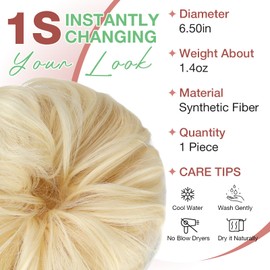 Felendy Messy Bun Hair Piece Wavy Curly Scrunchies Fluffy Donut Thick Updo Elegant Chignon Hairpieces for Women Girls, Bleach Blonde 1.4oz