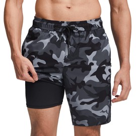 maamgic Mens Swim Trunks with Compression Liner 9 Inch Stretch Quick Dry Swim Shorts with Zipper Pockets Swimwear Black Camouflage X-Large