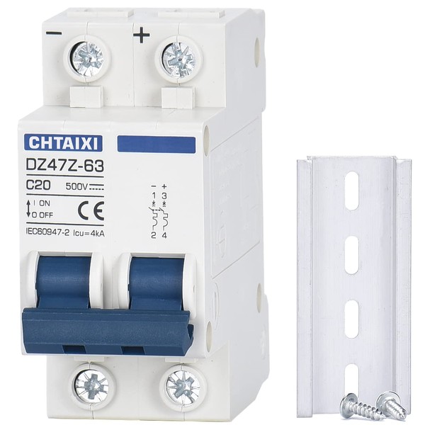 DC Miniature Circuit Breaker, 2 Pole 500V 20 Amp Isolator for Solar PV System, Thermal Magnetic Trip, DIN Rail Mount, Chtaixi DC Disconnect Switch C20