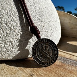 St Christopher Round Coin Medal Necklace - Gold Travelers Saint, Men Gifts, Catholic Protection Pendant, Guardian Angel, Driver Medallion, Guide Us (Rustic Brown)