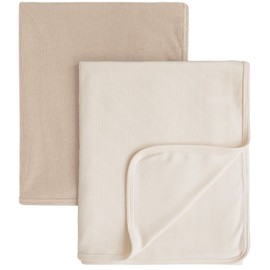 KonKonssy Knit Baby Blanket 2 Pack, Soft Ribbed Swaddle Receiving Blankets for Boys & Girls, Lightweight Cozy Swaddling Wrap for Newborns, Infants, & Toddlers, 33x42 Inch (Camel, Beige)