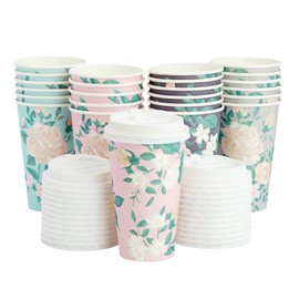 24 Pack Disposable Floral Paper Coffee Cups with Lids 16 oz, To Go Coffee Cups for Flower-Themed Birthday Party Supplies, Wedding Reception, Baby Shower (4 Pastel Colors)
