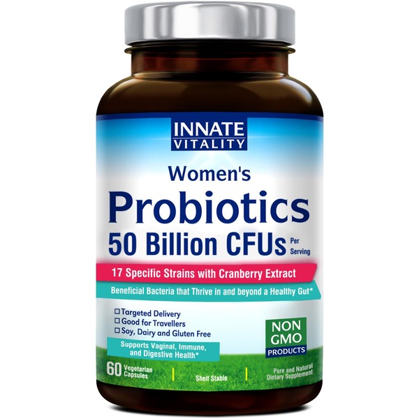 Innate Vitality Probiotics for Women, 50 Billion CFUs, 17 Proven Strains, 60 Veggie Caps, Formulated with Prebiotics and Cranberry Extract,Non-GMO, Supports Vaginal, Digestive and Immune Health