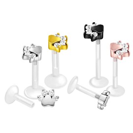 PIERCINGLINE PTFE Labret with Internal Thread, Titanium Attachment, Crystal Paw, Piercing, Lip, Nose, Ear, Helix, Choice of Colours and Sizes, PTFE / titanium (grade 23)