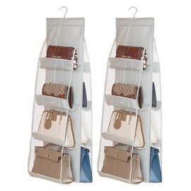 AARAINBOW 2 Packs Hanging Handbag Purse Organizer for Closet, 8 Pockets Space Saving Purse Storage Organizers, Wardrobe Bag Organizer Pocketbook Organizer, 43.3 L x 14.1W (2 Light Gray)