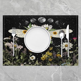 Death Moth Placemats for Dining Table 18"x12" Pack of 4 Skull Decor Moon Print Indoor Outdoor Kitchen Dinner Party Decor Table Mats Botanical Flower Black Washable Decoration Table Mats Placemat