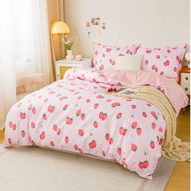 Koudi Pink Strawberry Duvet Cover Set Twin Kids Girls Cute Bedding Set 100% Microfiber Ultra Soft Blush Pink Comforter Cover with 2 Pillowcases Zipper Closure