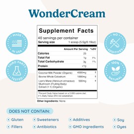 WonderCow Bovine Colostrum Superfood Creamer Supplement Powder w/Organic Lions Mane Mushroom & Coconut Milk Powder MCTs | Functional Sugar Free Keto Coffee, Smoothie & Drink Mix Unsweetened
