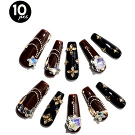GLAMERMAID 10 Pcs 3D Luxury Handmade Press on Nails Long Coffin, Burgundy Acrylic Fake Nail with Rhinestones Charms, Gothic Dark Red Stick Glue on False Nails, Size S