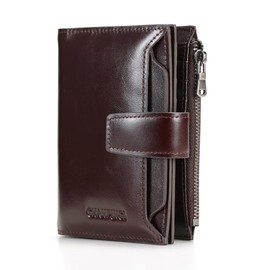 CHANPINCL mens buckle, zipper, leather wallet, detachable card, large capacity, multi-functional coin pocket (Oil waxy brown)