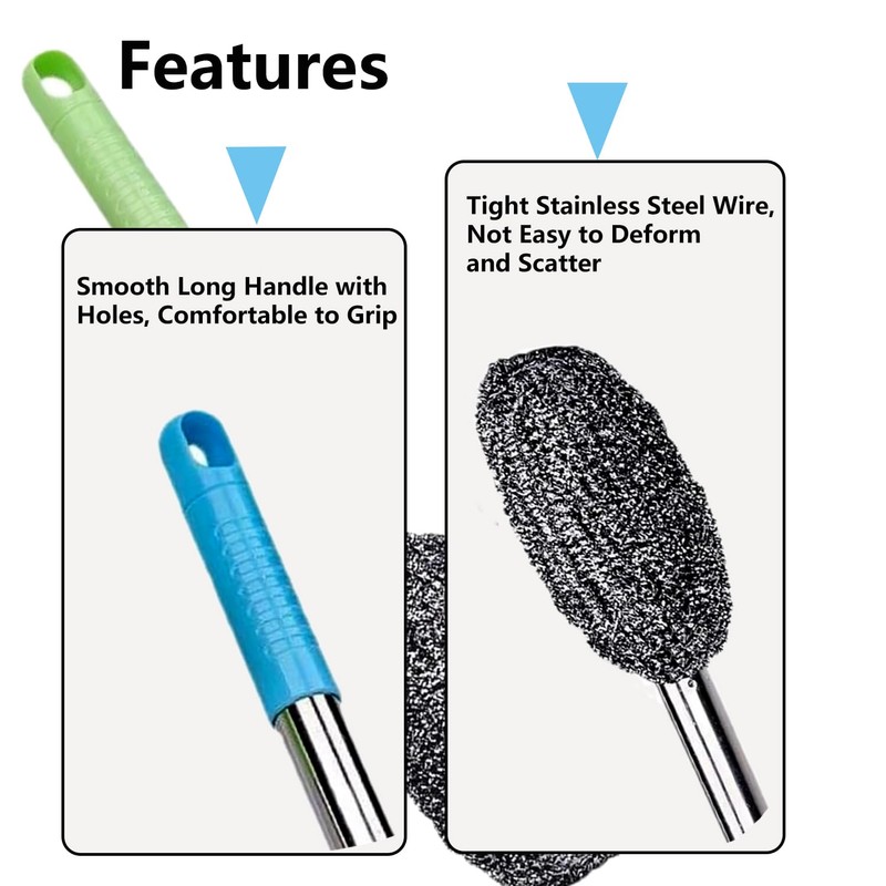 3-Pack Steel Wool Scrubber with Long Handle, Kitchen Dishwashing Pot