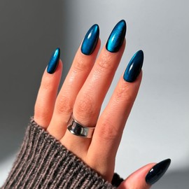 KQueenest Cat Eye Press on Nails Almond Medium, Glazed Glitter Blue Black False Nails Medium, Shiny Bling Acrylic Fake Nails Set Gothic Sparkly Stick on Nail for Women Holiday Finger Wear 30 Pcs