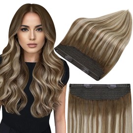 Fshine Wire Hair Extensions Real Human Hair Brown Ombre 6/60/6 Chestnut Brown to Platinum Blonde Fishing Line Hair Extensions 20 Inch One Piece Clip in Hair Extensions Real Human Hair 120G