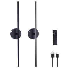 Battery Operated Wall Sconces Set of Two, USB Rechargeable Dimmable LED Wireless Wall Light with Remote Control, 360°Rotate,Timing, Black Wall Light for Living Room/Bedroom/Hallway, 28.3Inch