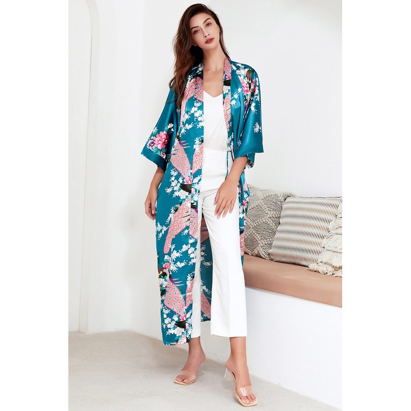 BABEYOND Women's Kimono Robe Long Robes with Peacock and Blossoms