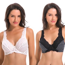 Curve Muse Women Minimizer Unlined Underwire Bra with Lace Embroidery-2 Pack-Black,White-38C