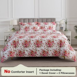 Puralens Pink Floral Boho Duvet Cover Queen Size 100% Cotton 3Pcs Set, White Percale Reversible Shabby Red Flower Print Chic Duvet Covers, Cute Girls Farmhouse Bedding, Vintage Soft Cottage Bed Set