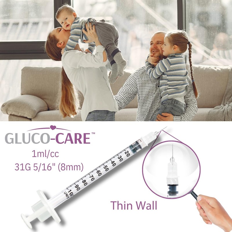 GLUCO-CARE 1 ml/cc Syringes 31G x 5/16’’ (8mm), Orange Cap,