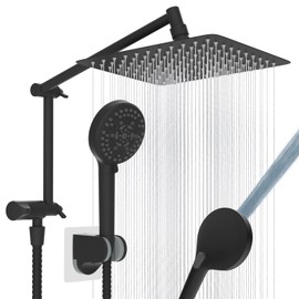 Metal Rain Shower Head, 10” High Pressure Rainfall Shower Head with Handheld Spray Combo, 10-Setting Handheld Built-in Power Wash, 16" Adjustable Extension Arm, 71" Hose, 3-Way Diverter, Matte Black