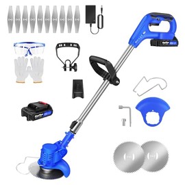 Electric Weed Wacker Cordless, 21V 1500mAh Weed Eater Battery Powered, Cordless String Trimmer with 2 Types of Blades, Electric Grass Trimmer, Lawn Edger, Mower for Yard, Garden