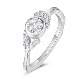 IRROYA Unique Bezel Setting 0.5 Carat Moissanite Engagement Ring Art Deco G Color Round White Moissanite Wedding Ring for Her Bamboo Twist Band Sterling Silver Statement Ring Plated by Platinum Daisy Leaf 925 Silver Women's Promise Rings Size 6