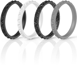 ThunderFit Thin Silicone Wedding Rings for Women, Triangle Diamond Stackable Bands 2.5mm Wide 2mm Thick - 1/4/8/12/16 Variety Multipack (Black, Black Glitter, Grey, White, 9.5-10 (19.8mm))