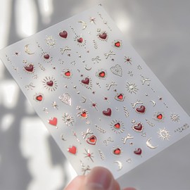 Heart Nail Art Stickers 5D Embossed Red Gold Heart Star Nail Decal Retro Valentine's Day Nail Stickers Self-Adhesive Nail Design Heart Stickers DIY Valentines Manicure Decoration Kit for Women Girls