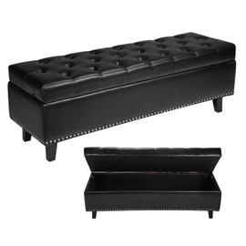 VEVOR Button-Tufted Storage Ottoman Bench, PU Leather Bench with Storage and Solid Wood Legs, Modern Shoe Benches Seat for Entryway, Upholstered End of Bed Benches for Living Room, Dining Room, Black