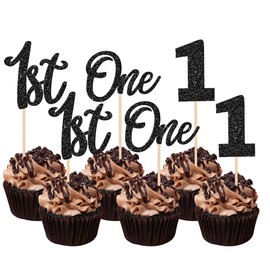 24 piezas de decoración para cupcakes de 1er cumpleaños, con purpurina, número 1, decoraciones para cupcakes para baby shower, niños, primer cumpleaños, aniversario, fiesta, decoración de pasteles, suministros de color negro