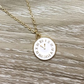 Gold Tone Tiny Clock Pendant Necklace Handmade