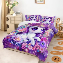 OUIXOTIC Girls Purple Cartoon Unicorn Comforter Set for Kids Girls Toddlers, Pink Flower Comforter Set Full Size, 3Pcs Cartoon Kawaii Unicorn Quilte Set Room Decorative