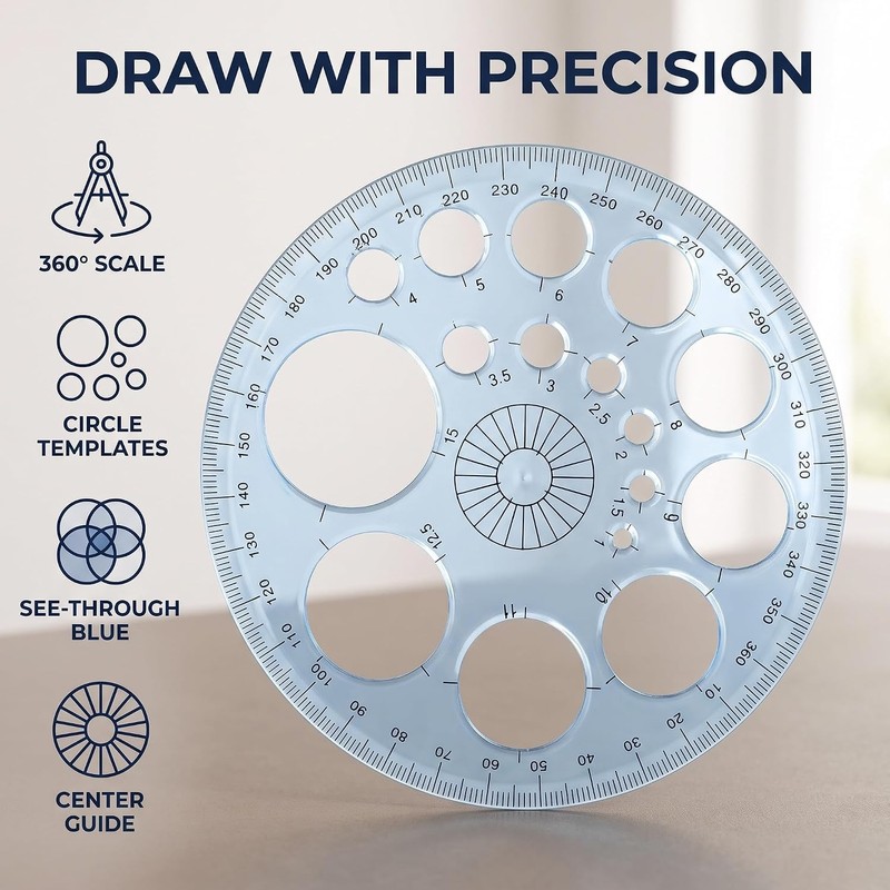 White Round Protractor 360 Degree, Plastic Full Circle Template, 16