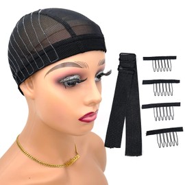 Wig Cap with Guideline Map for Wig Making, Stretchable Mesh Dome Caps with 1 Elastic Band and 4 Wig Combs for Beginners Sewing 4x4 Lace Closure Wig (Small, Black)