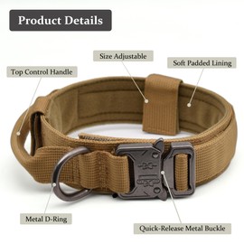 Tactical Dog Collar, Adjustable Military Training Nylon Dog Collar with Control Handle and Heavy Quick-Release Metal Buckle for Small Medium Large Dogs, Brown M