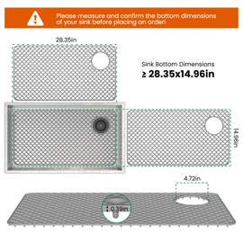 Toovem Silicone Sink Mat, 28''x15'' Sink Protectors for Kitchen Sink with Heat Resistant for Bottom of Farmhouse Stainless Steel Porcelain Sink Pad, with Right and Left Drain, Grey