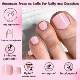 240pc Press on Toenails Women Fake Toe Nails with Glue Tabs, Light Pink Fake Toenails Press on Nails Toe Acrylic Nail Tips Short Square False Toenails Stick Artificial Toe Nails Press ons Pedicure