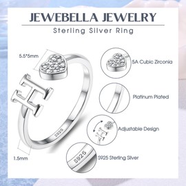 JeweBella 925 Sterling Silver Rings for Women Girls Adjustable Heart Initial Ring Stackable Thumb Ring Eternity Wedding Promise Engagement Rings A-Z Letter Rings Jewellery Gifts with Gift Box