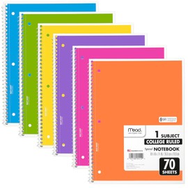 Mead Spiral Notebooks, 6 Pack, 1-Subject, College Ruled Paper, 8" x 10-1/2", 70 Sheets, Assorted Bright Colors (830050-ECM)