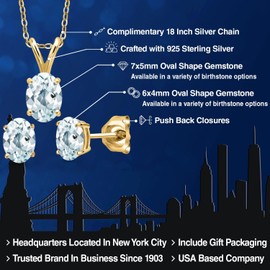Gem Stone King 18K Yellow Gold Plated Silver Gemstone Birthstone Pendant Earrings Set for Women | Oval 7X5MM and 6X4MM | 18 Inch Chain | Jewelry Gift for Her Mom Wife | Aquamarine-March