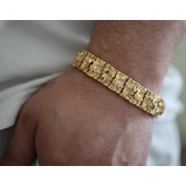 Gold Nugget Bracelet, 13mm or 15mm Width, Gold Nugget Bracelet, 14k Heavy Plated Gold, High Quality Bracelet, Lifetime Replacement Guarantee - Width: 13mm, Length: 7in