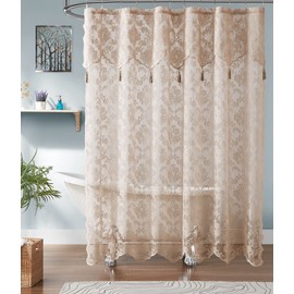 ASATEX Golden Lace Shower Curtain. 72 x 72 Inches Classic Floral Design Bath Curtain with Attached Valance and Tassels. Affordable Shower Curtains Make Any Bathroom Look Upscale. MIS 72” x 72” Linen