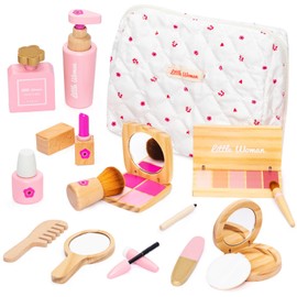 Wooden Makeup Toy Set, Pretend Play Makeup Kit for Toddlers Realistic Beauty Salon Set for Girls with Eyeshadow Lipstick Perfume Brush and Cosmetic Bag Birthday Gifts for Girls Toys Kids Aged 3 4 5 6