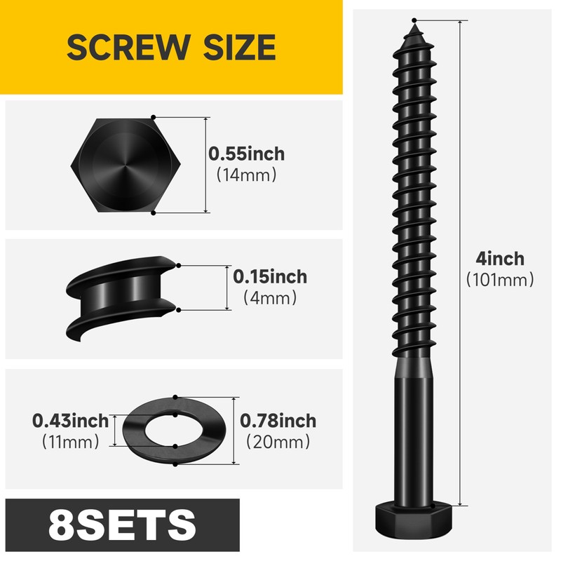 (8Sets) 3/8" x 4" Hex Head Lag Bolts, Heavy Duty
