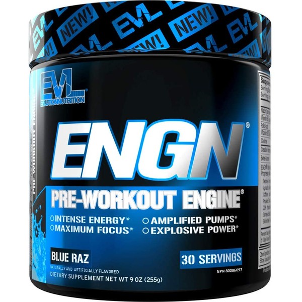 Evlution Nutrition ENGN Pre-Workout, Pikatropin-Free, 30 Servings, Intense Pre-Workout Powder for Increased Energy, Power, and Focus (Blue Raz)